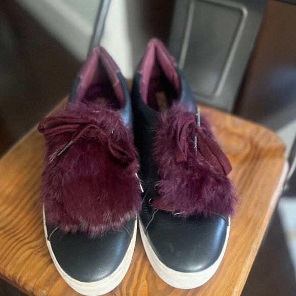 Michael Kors Black & Burgundy Fur Pom Sneakers – Size 8.5 – Statement Shoes - Picture 1 of 4